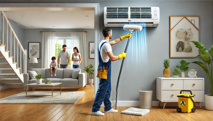 A professional technician cleaning a wall-mounted air conditioner in a modern family home.