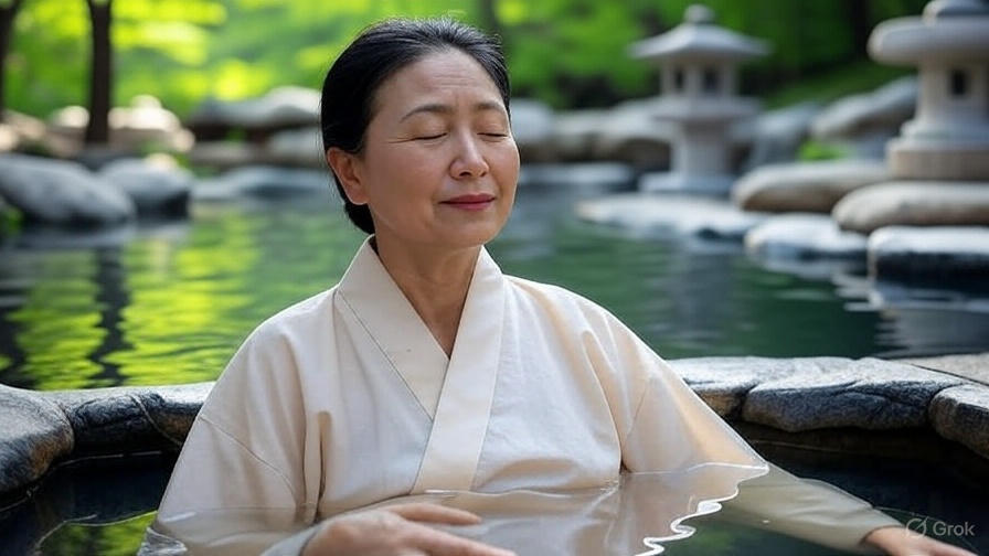 A serene Korean spa with a mother relaxing in a hot spring